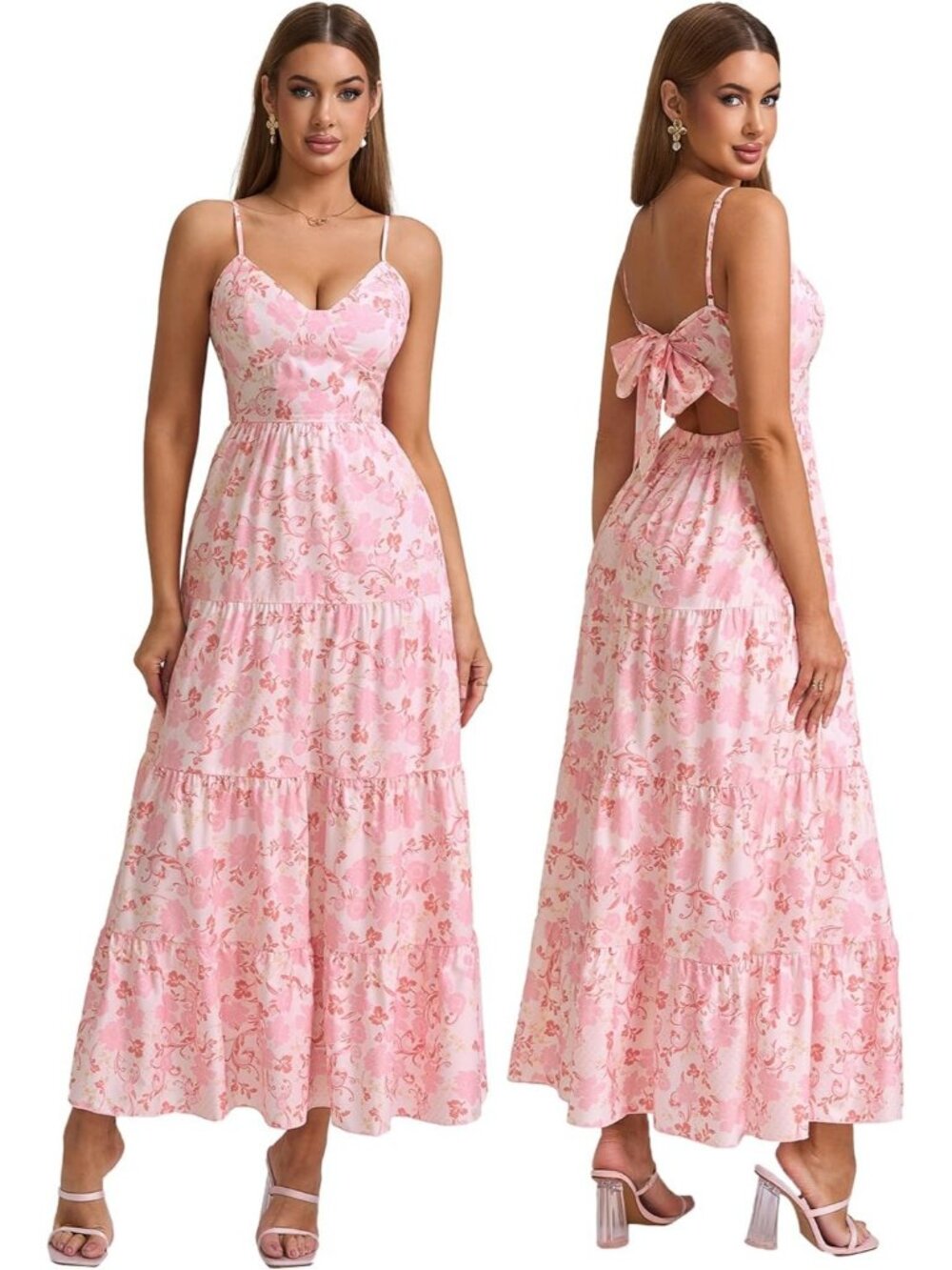 Women's Pink Boho Floral Maxi V-Neck Backless Tie Strap Flowy Sundress